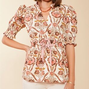 Spartina 449 Tatum Babydoll Pink Tie Blouse Mystic Moss Stencil Coral Design